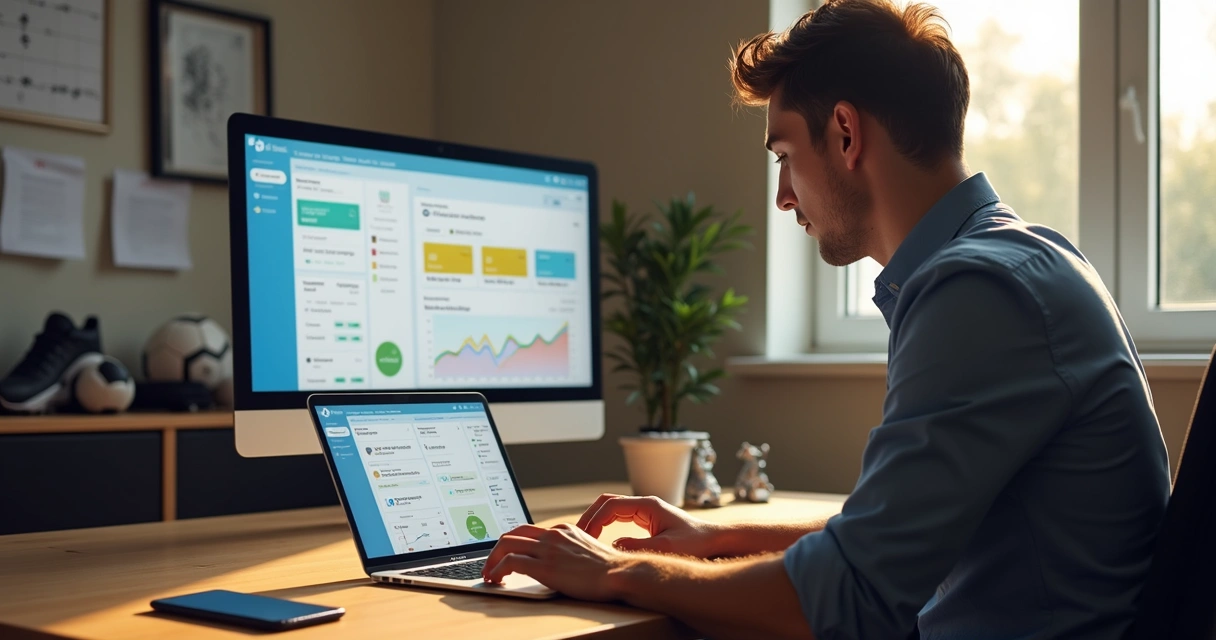 Gestor utilizando plataforma digital no notebook para cobrança automatizada em escola de futebol 