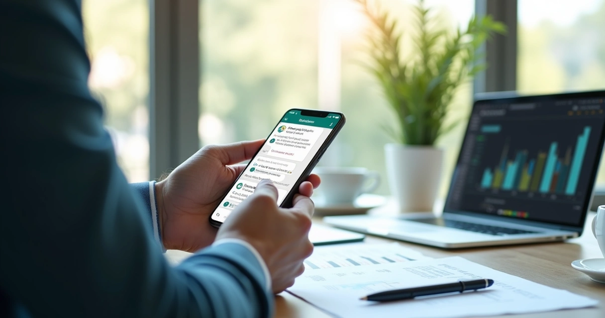 Pessoa consultando dados financeiros no celular via WhatsApp em ambiente de escritório moderno 