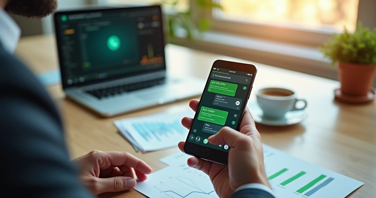 Gestor consultando dados financeiros e comerciais via WhatsApp em smartphone na mesa do escritório 