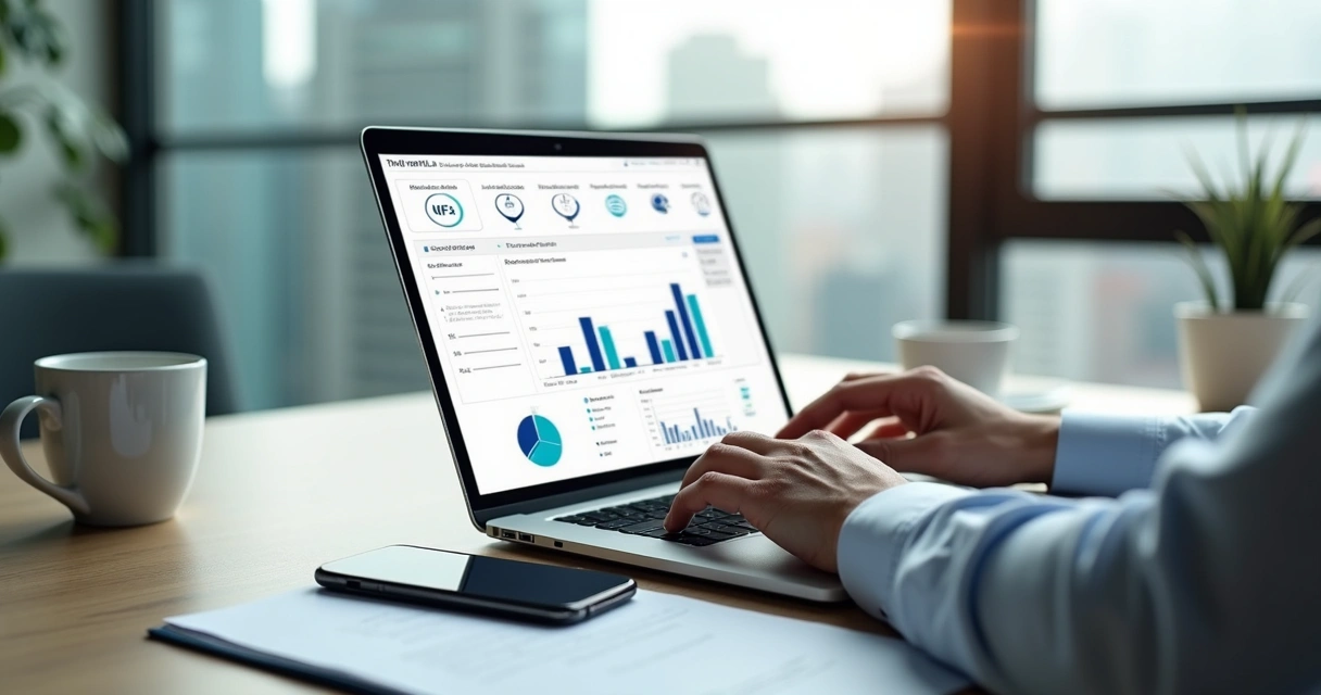 Gestor fiscal utilizando plataforma digital para manifestações da NF-e em um laptop moderno 