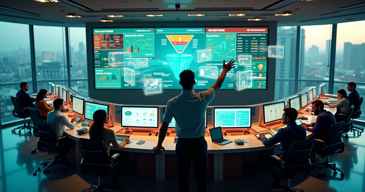 Gestor de vendas em estação central acompanhando painéis de desempenho da equipe 