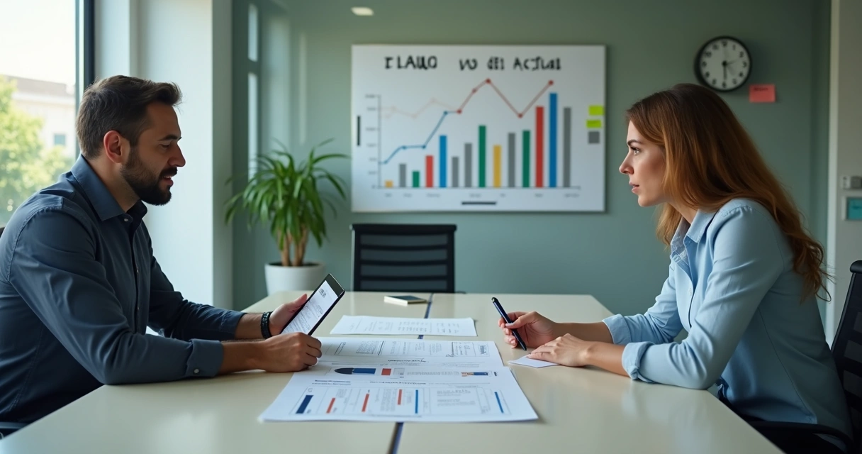 Gestor conversa com vendedor sobre desempenho em sala de reunião 