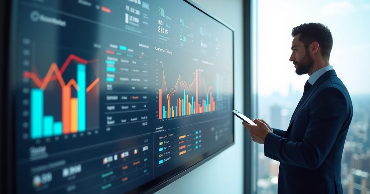 Gestor de vendas checando dados de performance comercial em tablet com gráficos modernos 