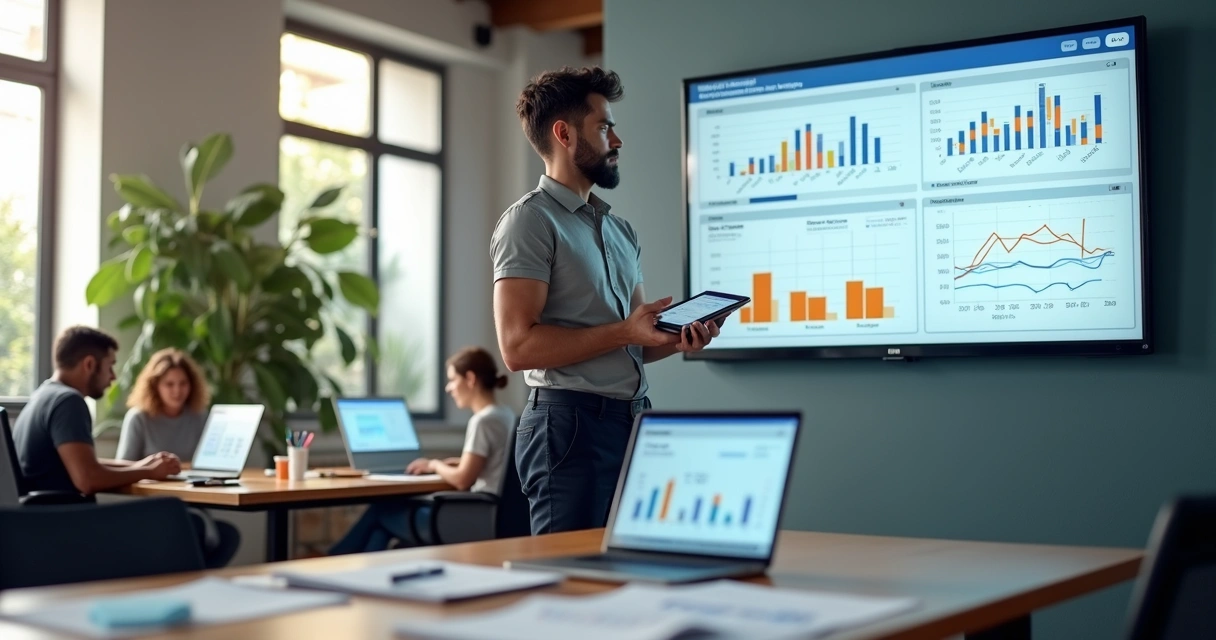 Gestor organizando painel de vendas em pequena empresa com equipe ao fundo 