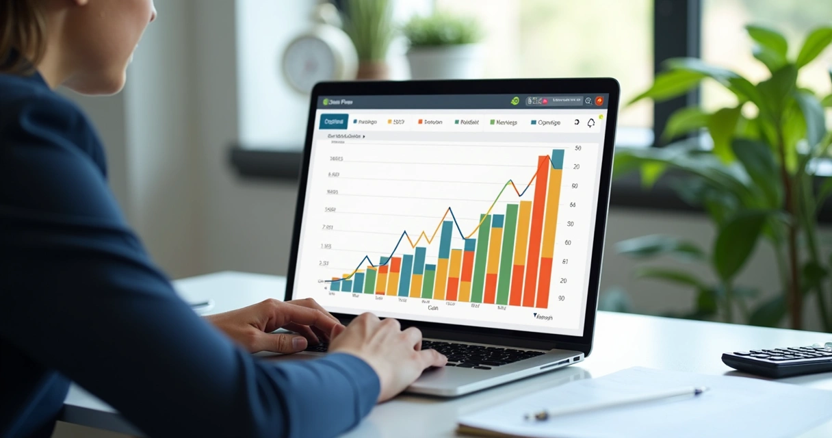 Gestor analisa gráfico financeiro em laptop sobre mesa de escritório 