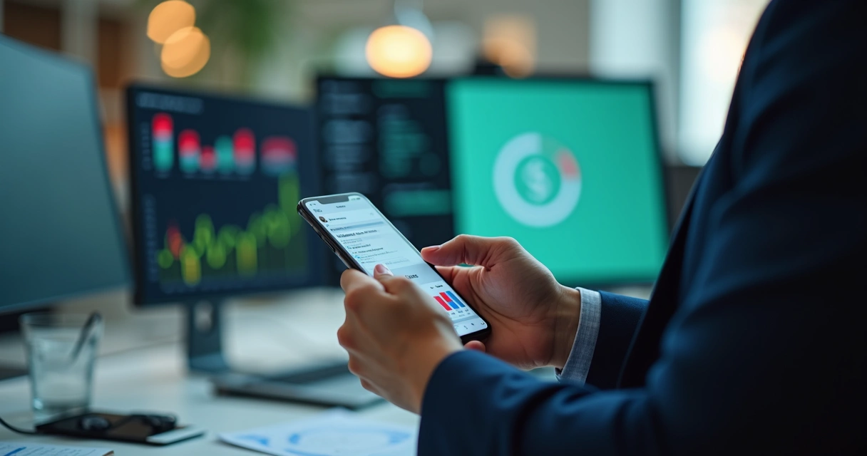Gestor consultando indicadores em smartphone via WhatsApp, planilhas e gráficos de fundo