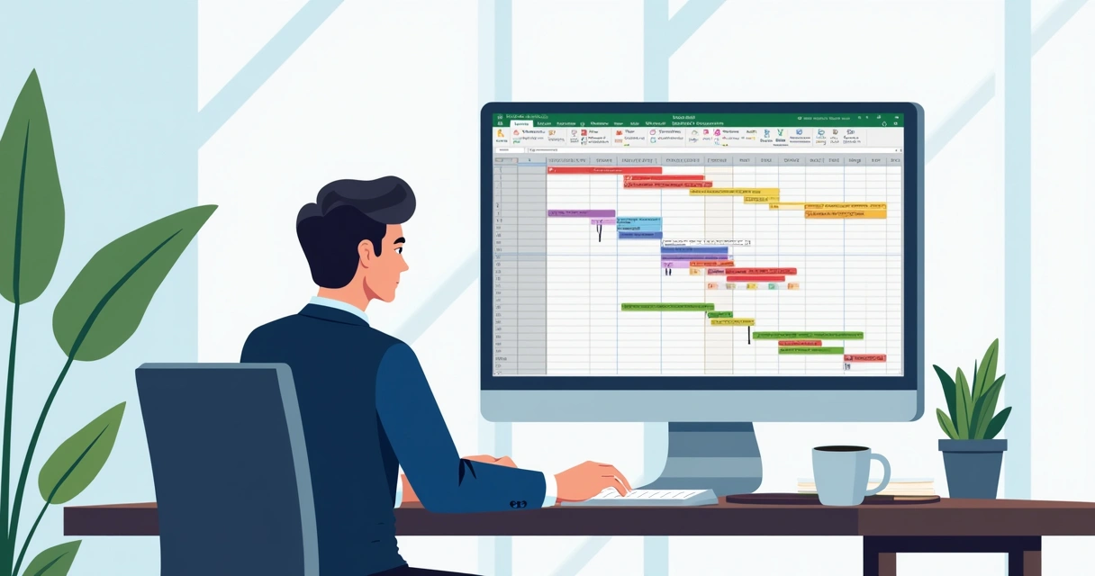 Gestor de projetos analisando tela de um computador com cronograma no MS Project 