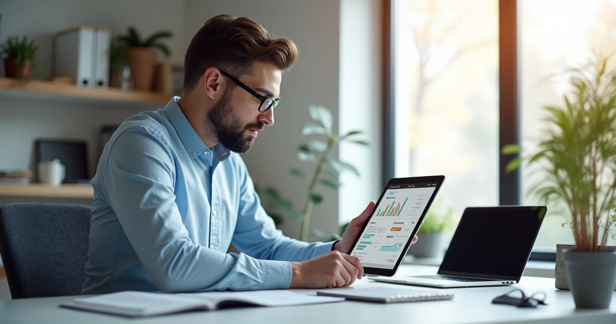 Gestor visualiza relatório digital de serviços em tablet no escritório 