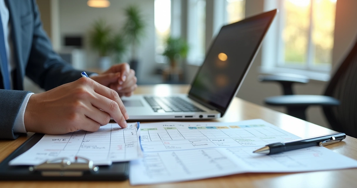 Gestor de RH analisando folha de ponto e calendário em escritório moderno 
