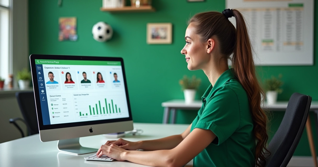 Gestora de escola de futebol organizando arquivos em computador 