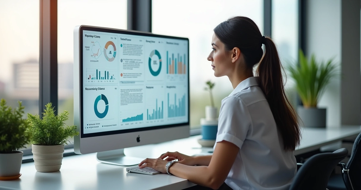 Gestora de clínica de estética analisando indicadores em dashboard digital 
