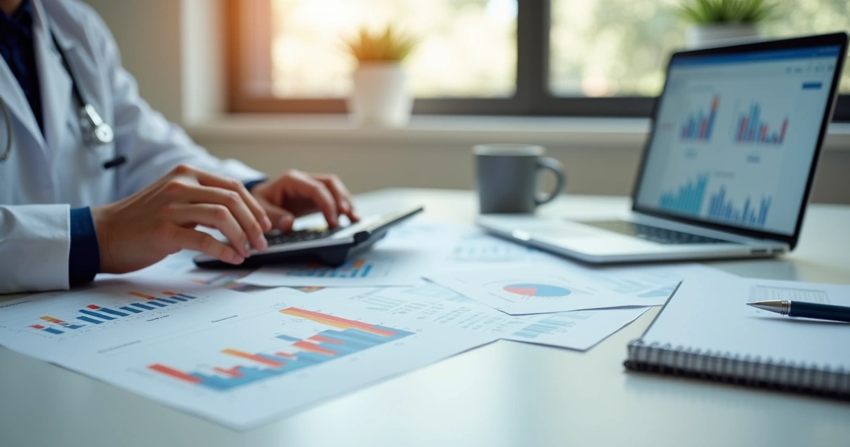 Gestora analisando relatórios financeiros em mesa de trabalho 