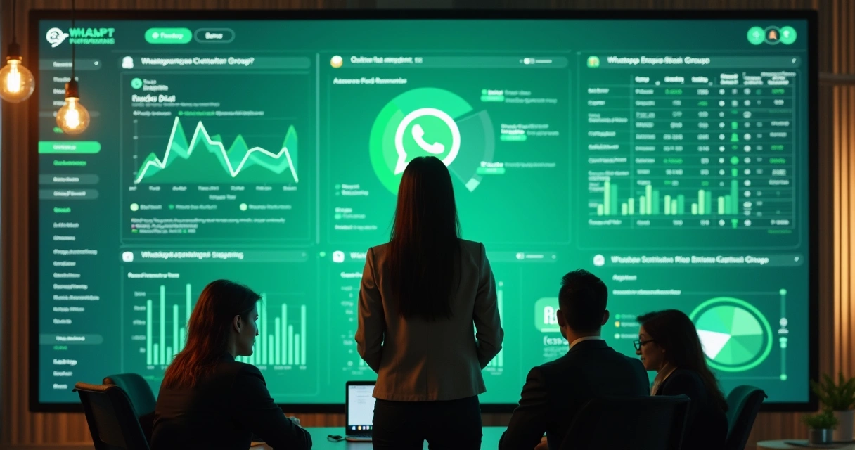 Gestora analisando dados de grupos WhatsApp em telas de computador 