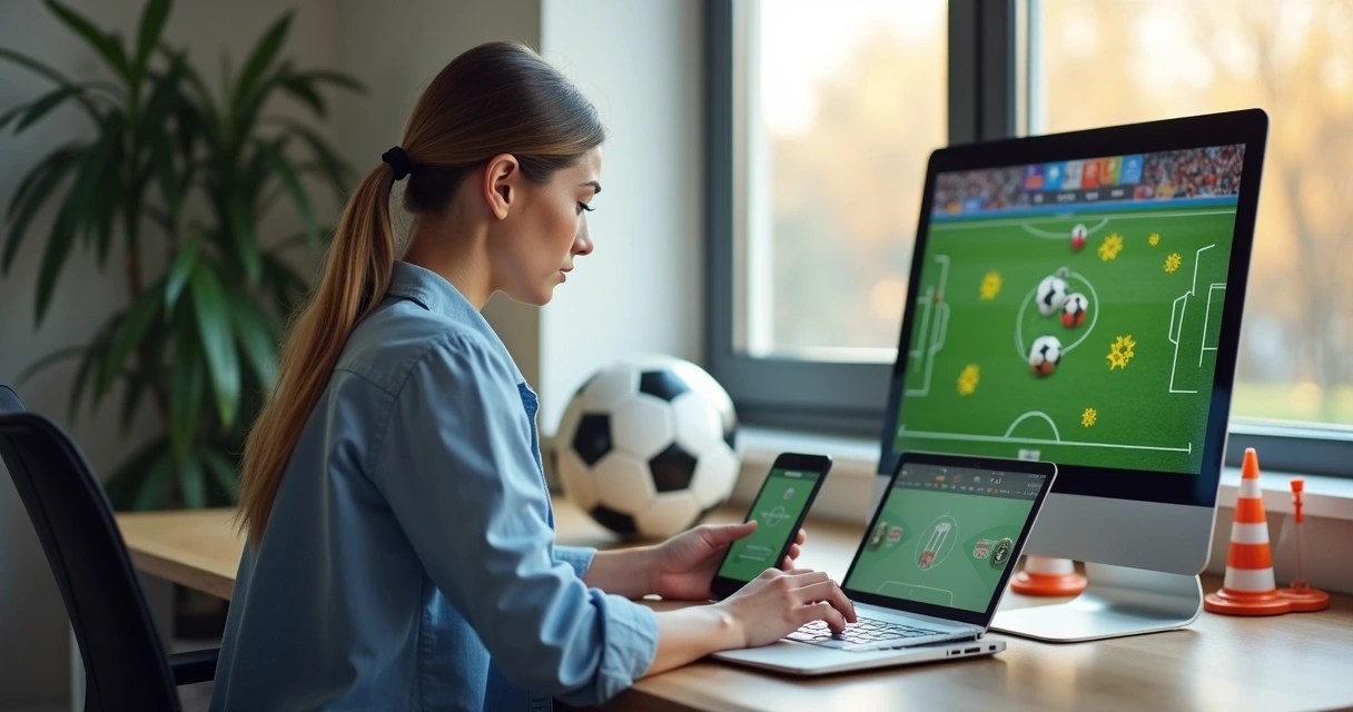 Gestora acessando plataforma digital de gestão de escola de futebol