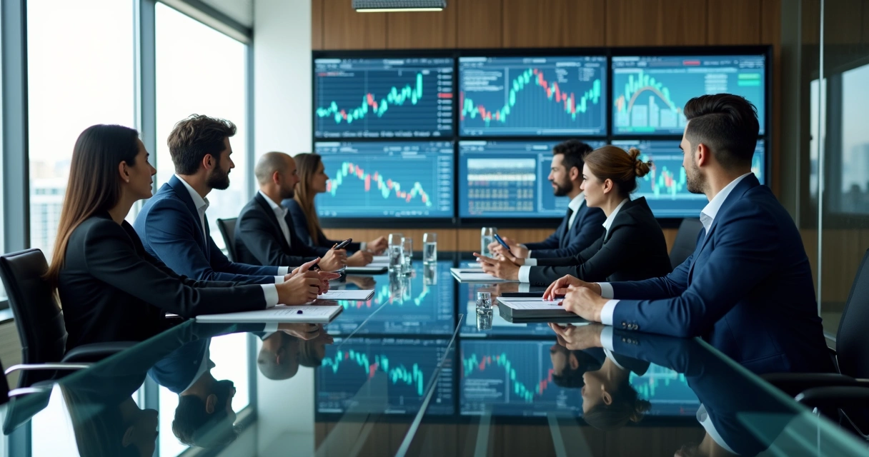 Reunião de gestores de investimentos em escritório moderno com gráficos financeiros na tela