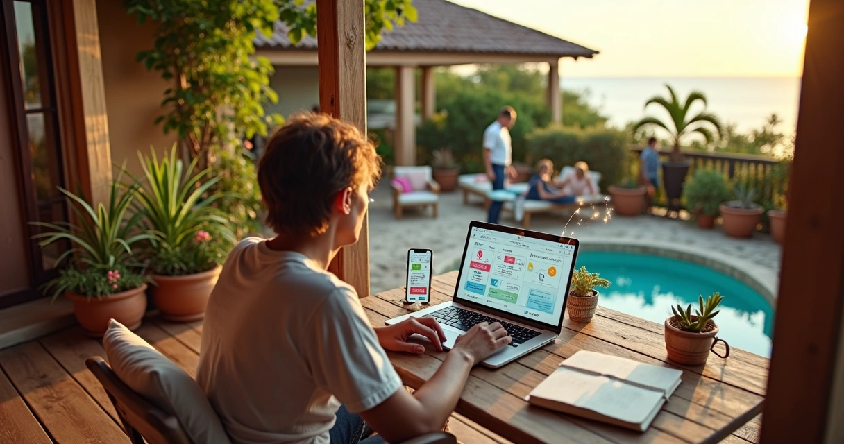 Gestora de pousada analisa painéis de automação e reservas na varanda com vista para o mar 