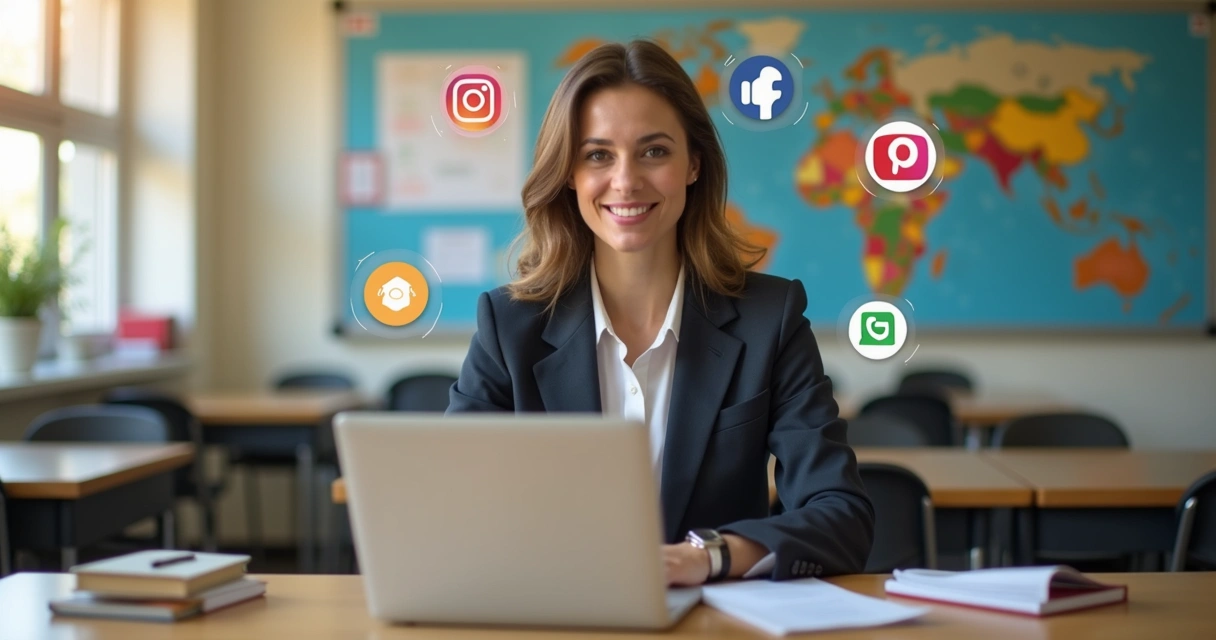 Gestora escolar mexendo em notebook com logos de redes sociais aparecendo e quadros de fotos de alunos ao fundo. 