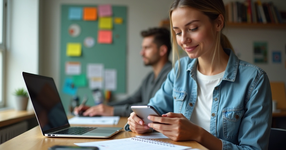 Mulher atualizando redes sociais de empresa pelo celular