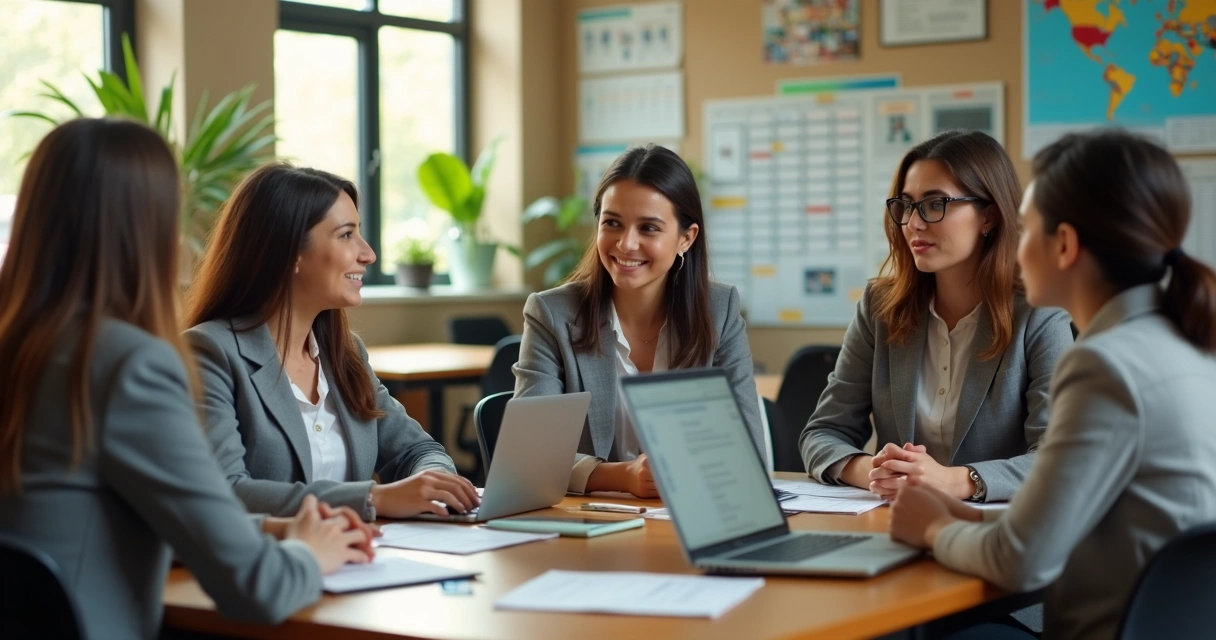 Mulheres gestoras conversando em sala de escola. 