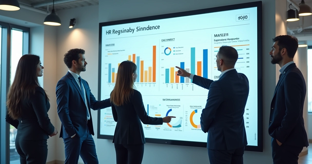Gestores analisando indicadores em painel digital 