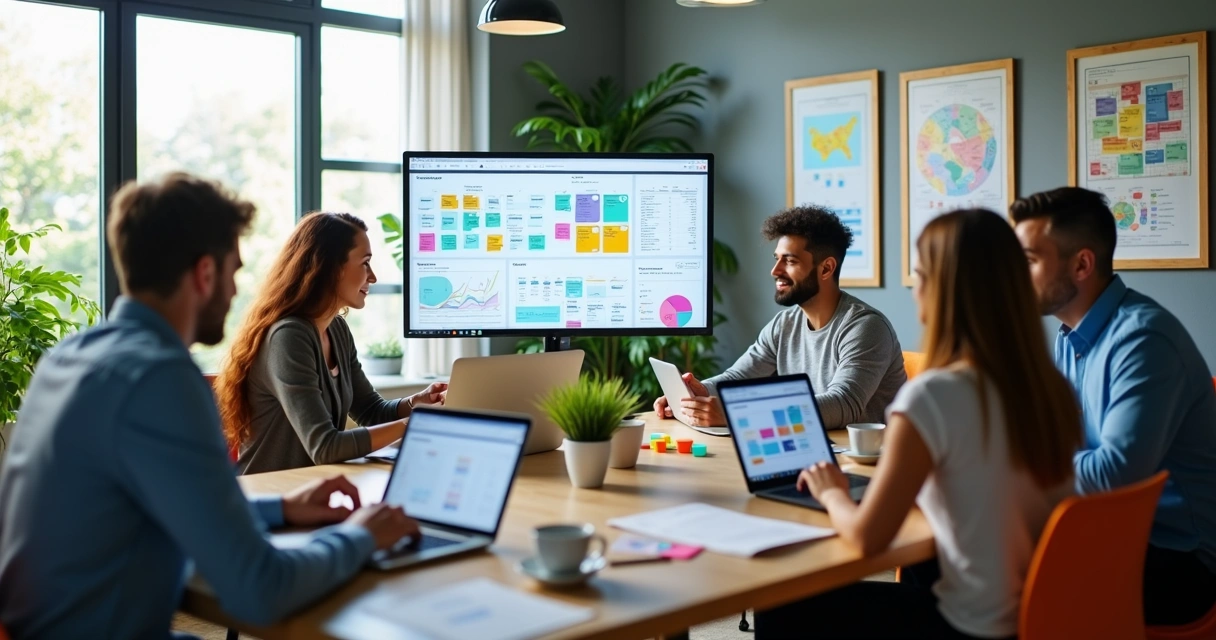 Gestores de agência de marketing trabalhando juntos organizando tarefas em ambiente moderno com vários monitores e gráficos na tela 