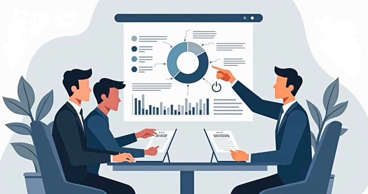 Profissionais discutindo uma carteira de investimentos em uma sala de reunião 