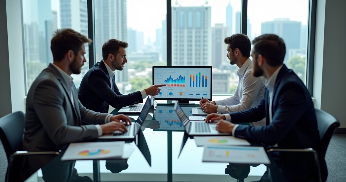 Gestores reunidos analisando gráficos e dados de treinamento em uma sala corporativa moderna 