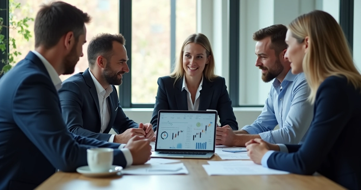 Gestores empresariais analisando gráficos em notebook 