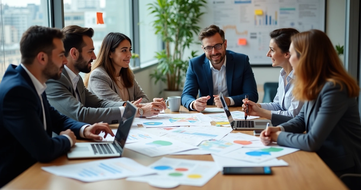 # PE 2025 2 Gestores analisando relatórios em mesa de reunião