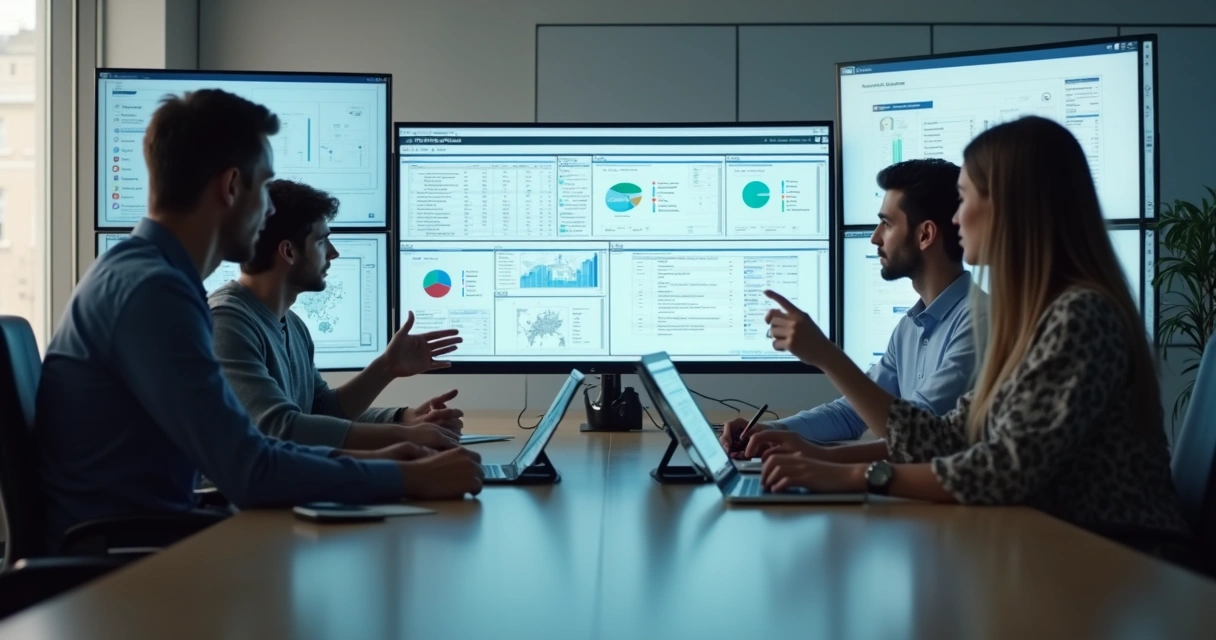 Equipe de gestores analisando sistemas digitais integrados em telas grandes 