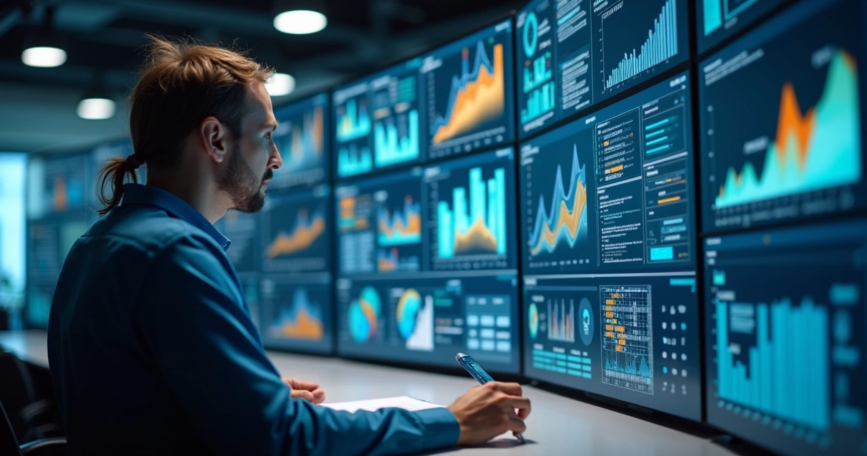 Equipe de gestores analisando dados e gráficos em telas digitais para implementar universidade corporativa 