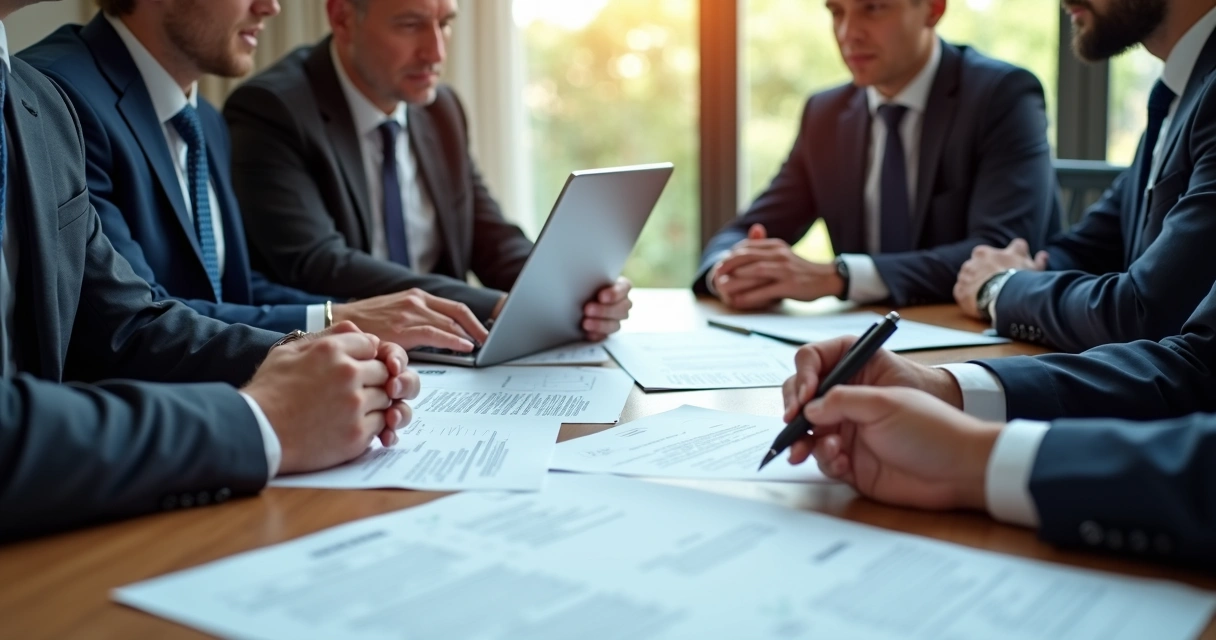 Gestores analisando documentos de contratos sobre uma mesa com papéis e tablet 