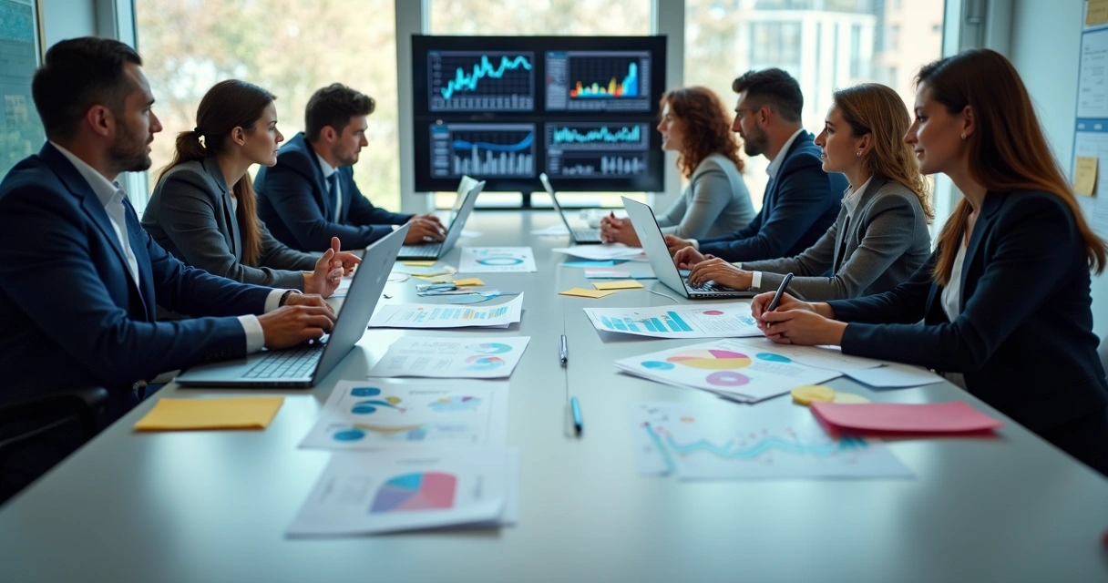 Gestores analisando gráficos e dados em uma mesa de reunião 