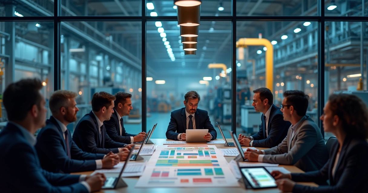 Gestores industriais analisando relatórios de KPIs em sala de reuniões.