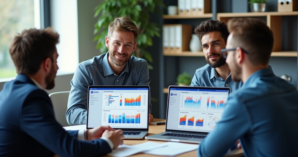 Gestores reunidos analisando telas de ERP na empresa 