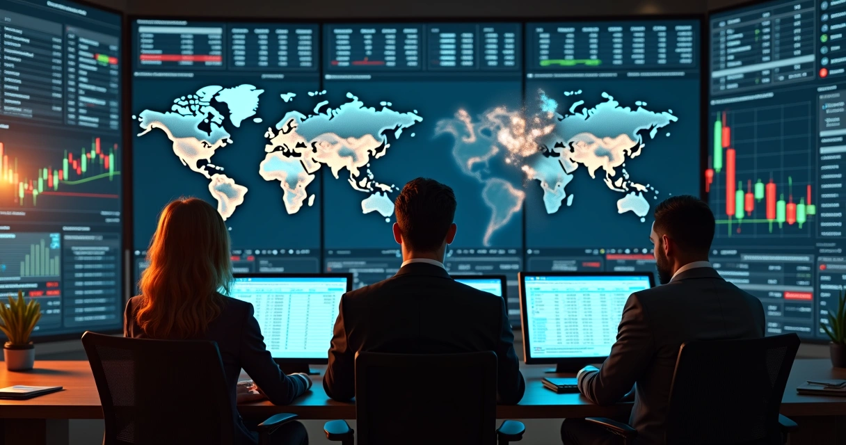 Gestores financeiros analisando gráficos e dados em múltiplas telas com ambiente moderno de escritório 