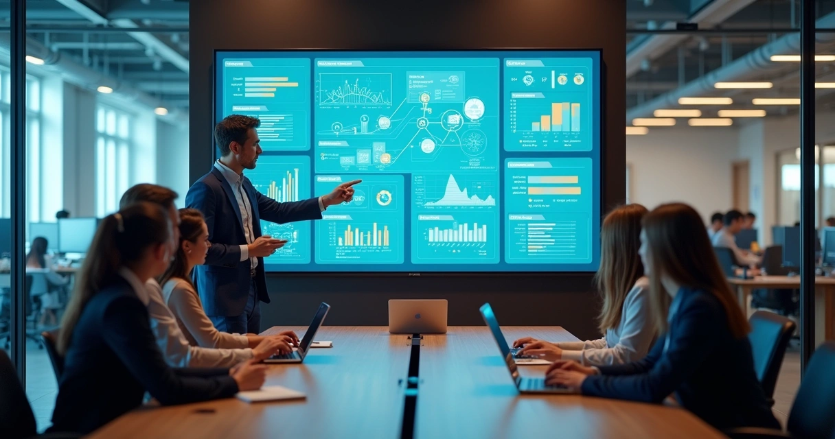 Gestores analisando painel digital com sistemas integrados da empresa 