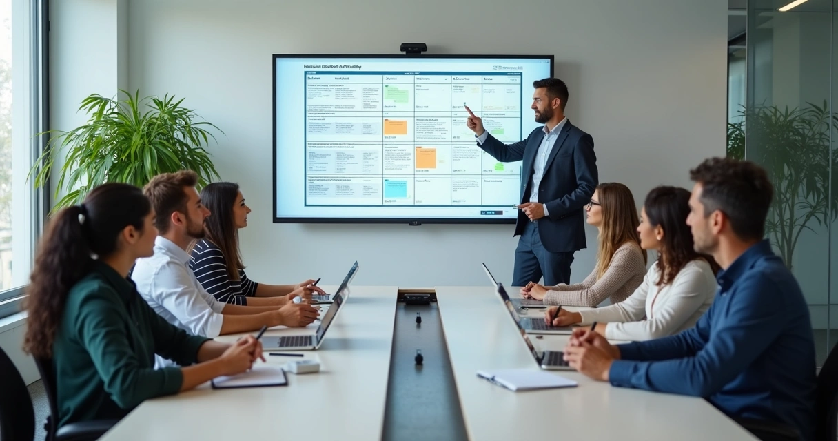 Gestores e equipe de RH reunidos analisando matriz de riscos em tela