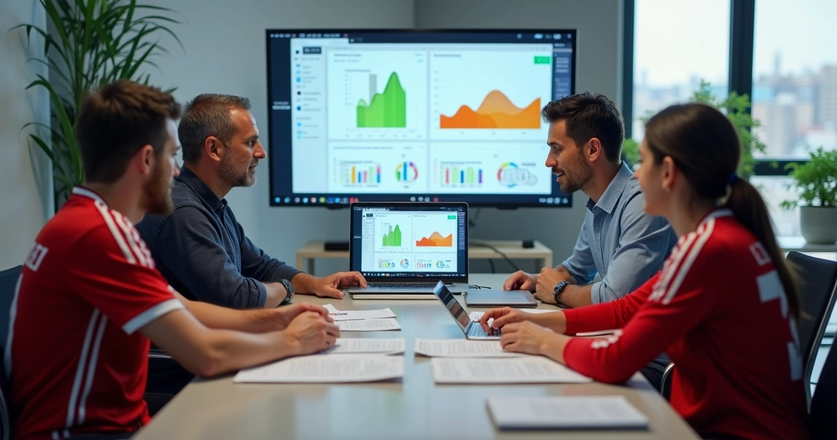 Equipe de diversas idades reunida ao redor de notebook analisando dados esportivos 