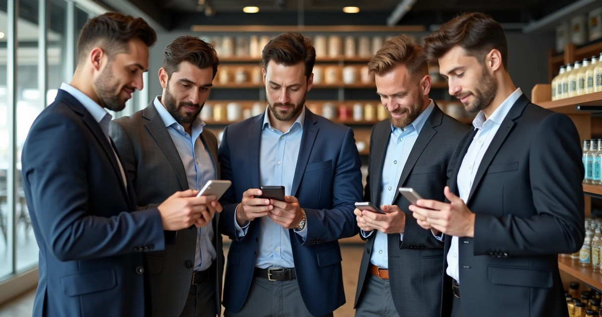 Gestores de franquias analisando dados financeiros em smartphones