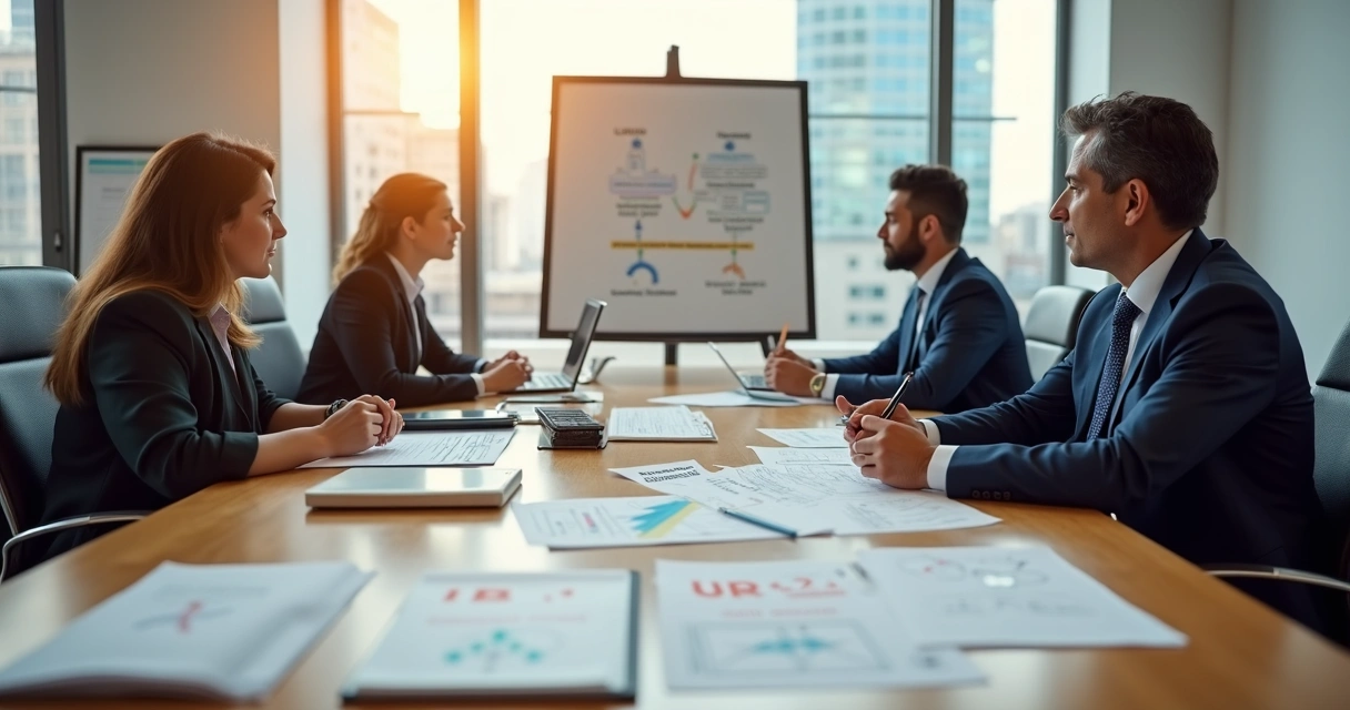 Gestores contábeis em reunião discutindo impostos IBS e CBS em mesa de planejamento 