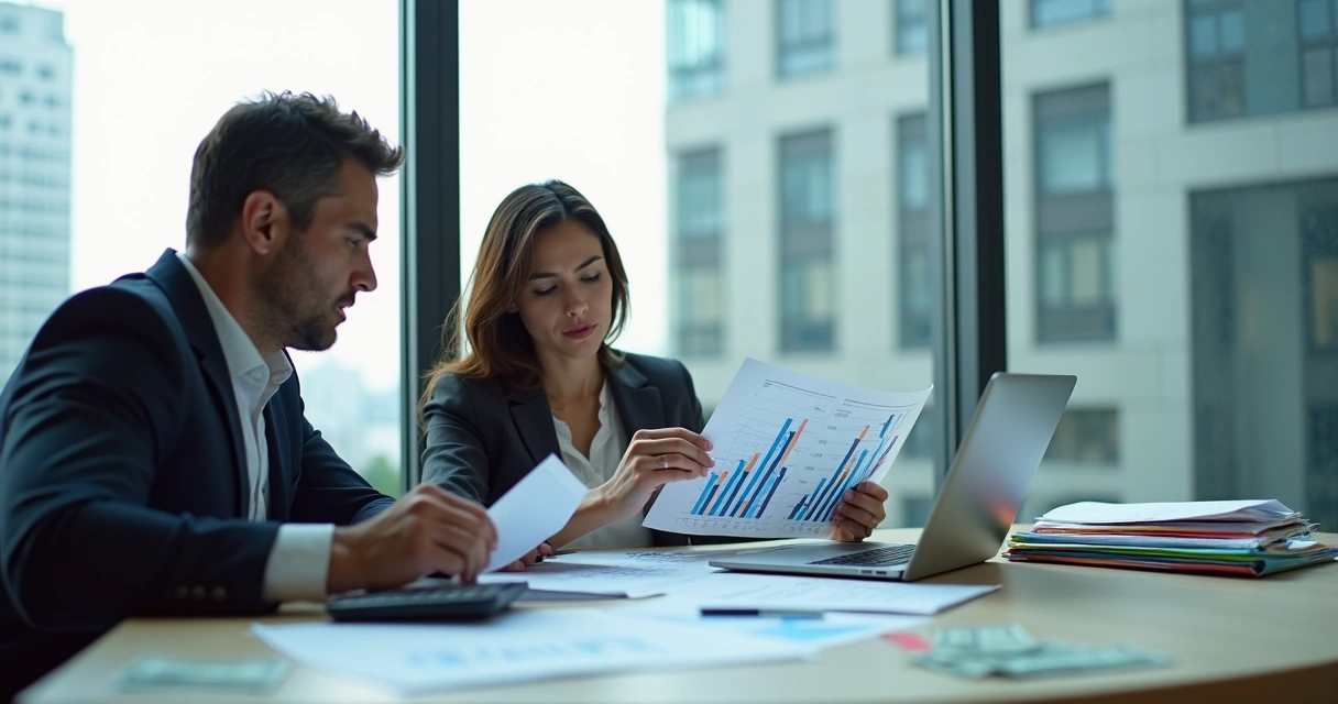 Gestores verificando relatórios de fluxo de caixa em escritório moderno, documentos e dinheiro na mesa 