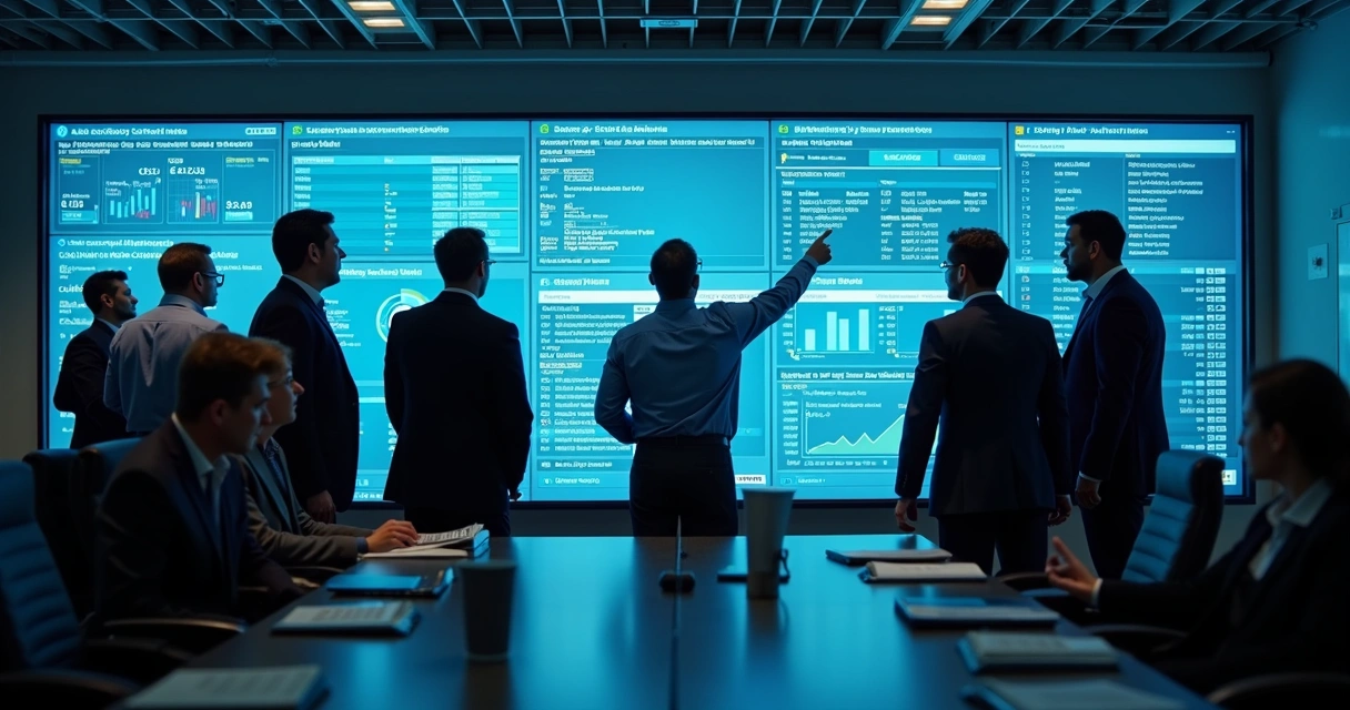 Gestores analisando dados de IA em painéis digitais em sala de reunião 