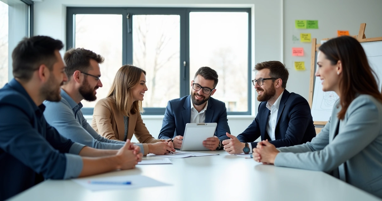 Gestores em reunião resolvendo um conflito, sala iluminada, quadro branco ao fundo 