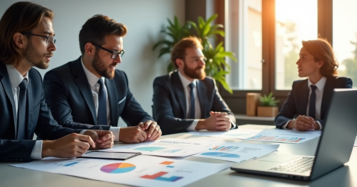 Empresários discutem uma proposta financeira em uma mesa de reunião. 