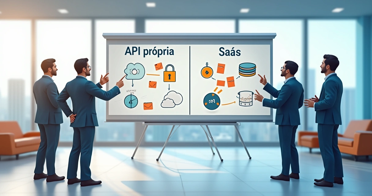 Gestores reunidos avaliando quadro branco com prós e contras de API própria e SaaS
