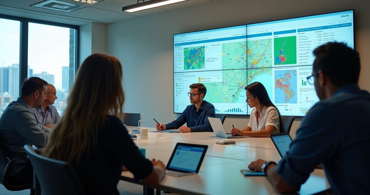 Gestores urbanos analisando dados digitais em tablets e telas 