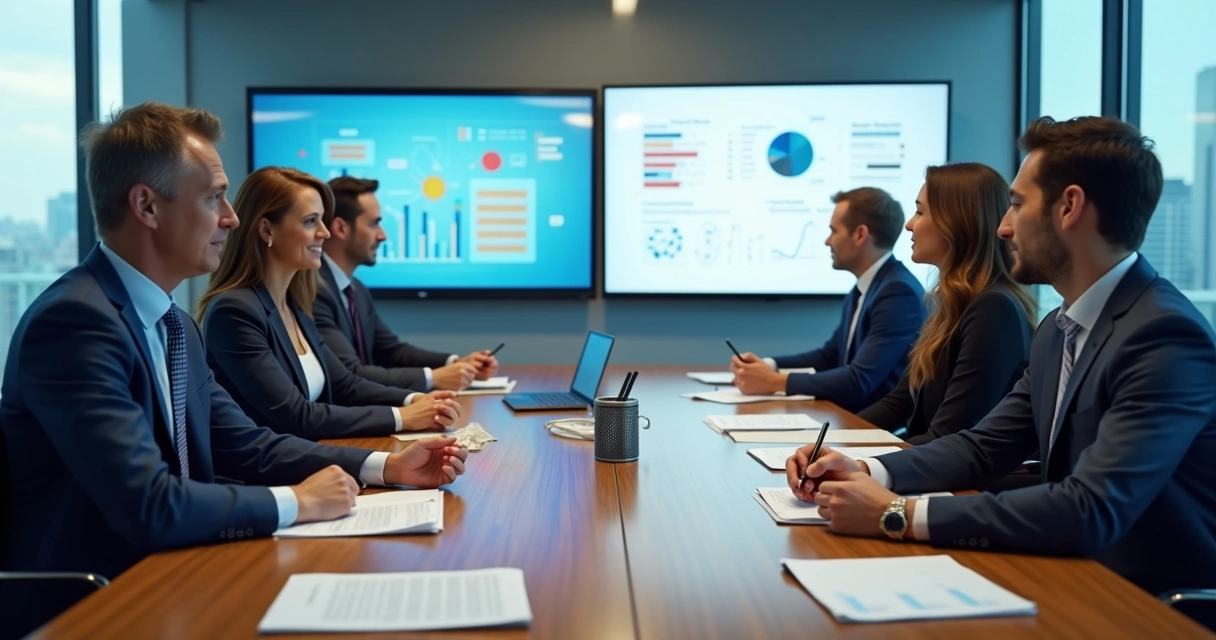 Equipe de gestores analisando gráficos e estratégias de benefícios