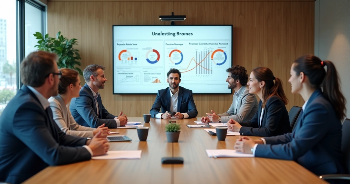 Diretores e gestores alinhando melhorias Lean em sala de reunião. 