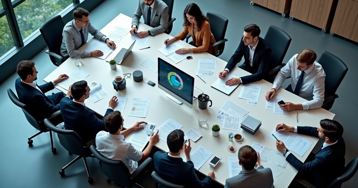 Gestores de RH e segurança discutem processos em escritório moderno